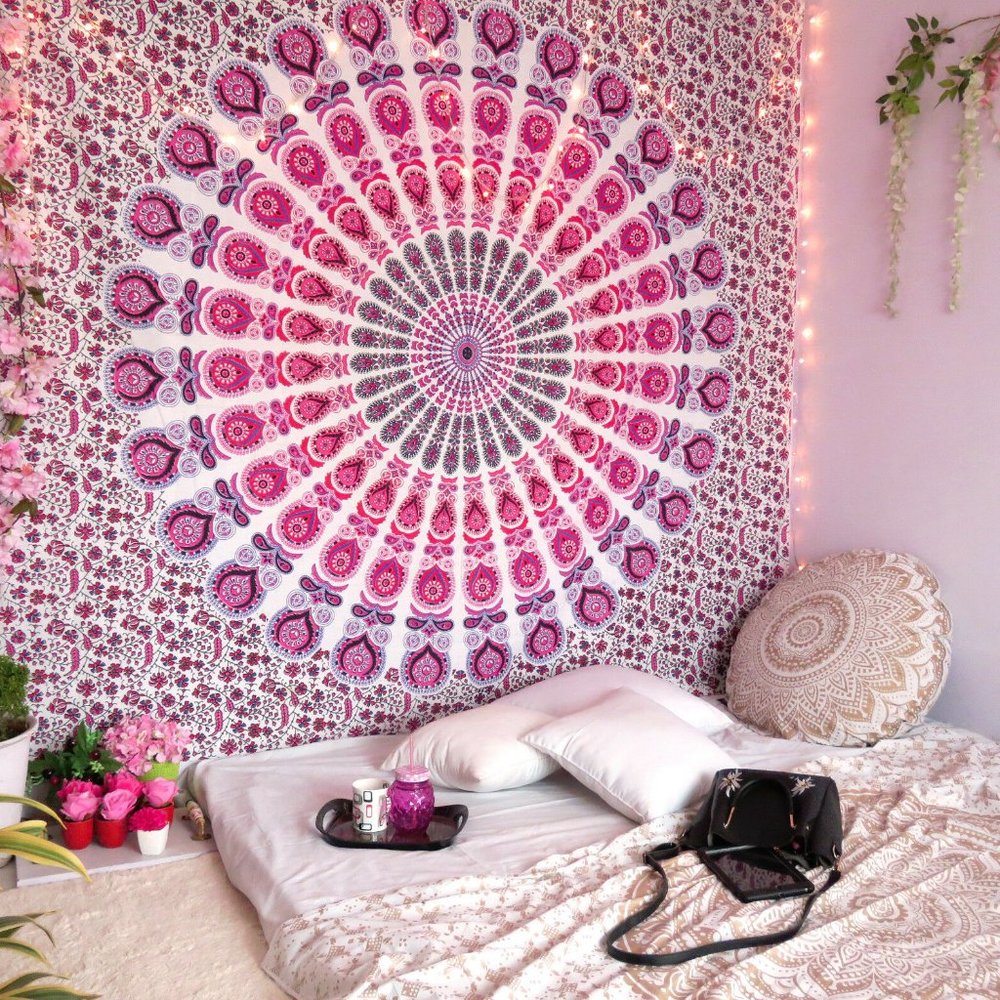 Pink Peacock Feather Mandala Tapestry Wall Hanging